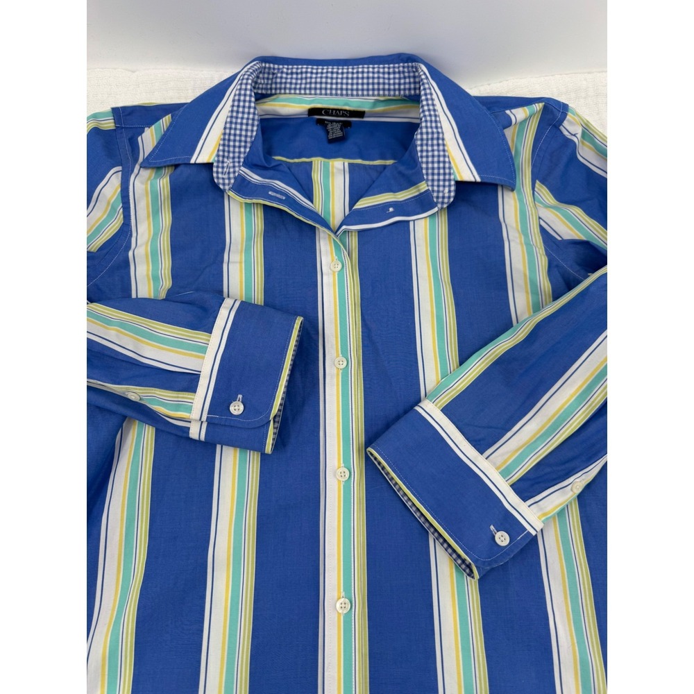 Chaps No Iron Button Up Shirt Womens Large Blue Striped 3/4 Sleeve